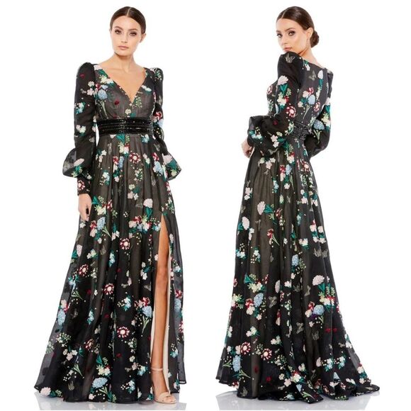 Mac Duggal79361 Embroidered Bishop Sleeve V Neck Flowy Gown Size 12 NEW